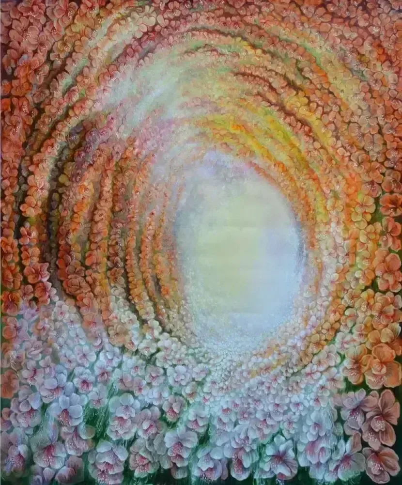 Lush painting of abundant, overflowing flowers