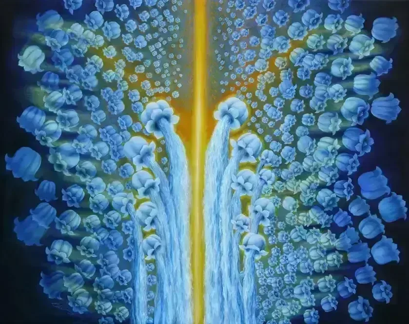 Calm and serene abstract floral painting in blue tones