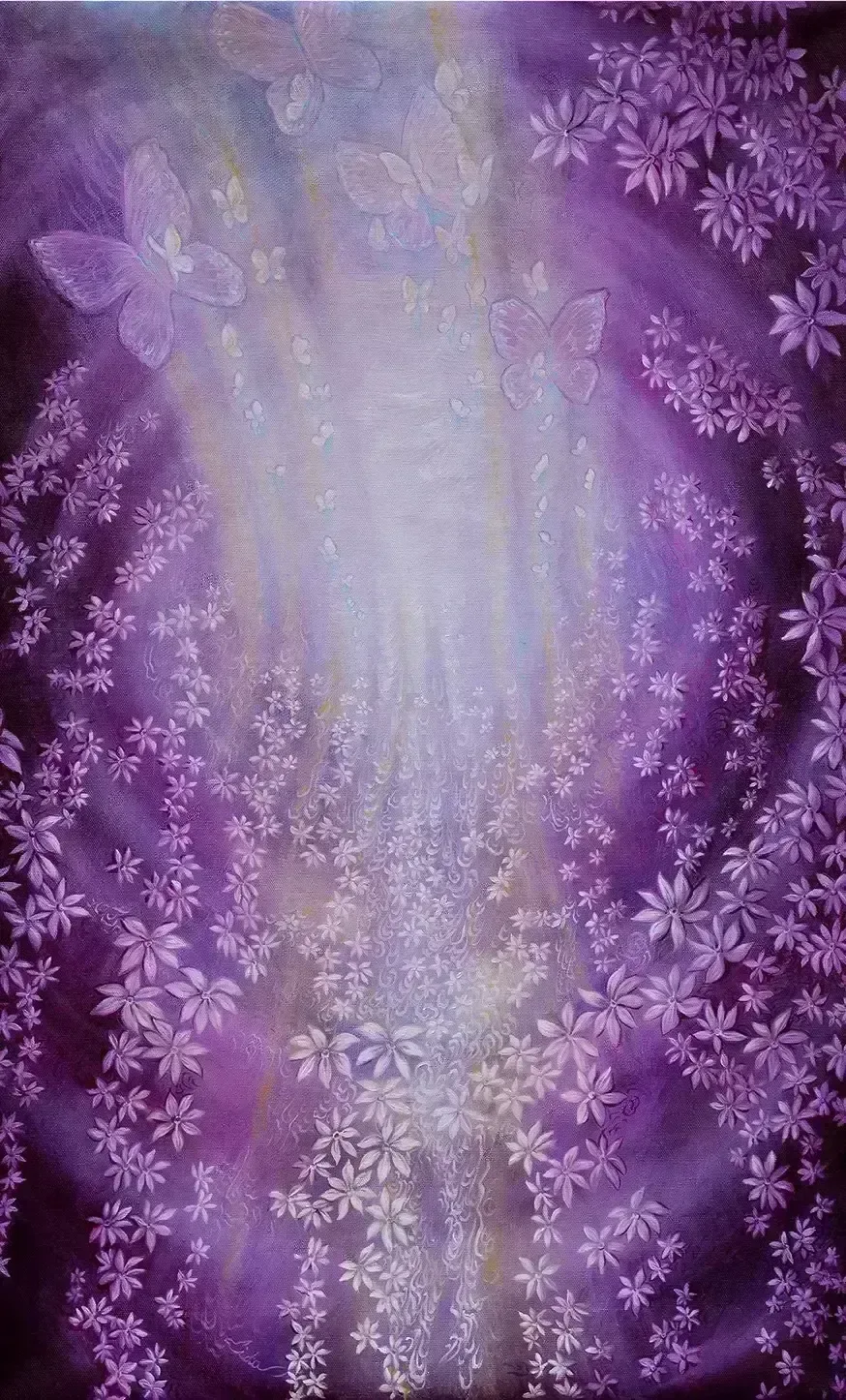 Vibrant purple and gold abstract floral painting